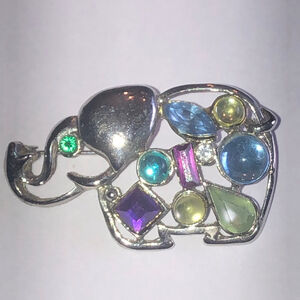 Silver Tone Colorful Gemstone Boho Elephant Brooch
